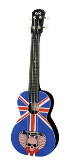 Korala concert ukelele polycarbonaat, achterblad met akoestische kamers, union jack with skull